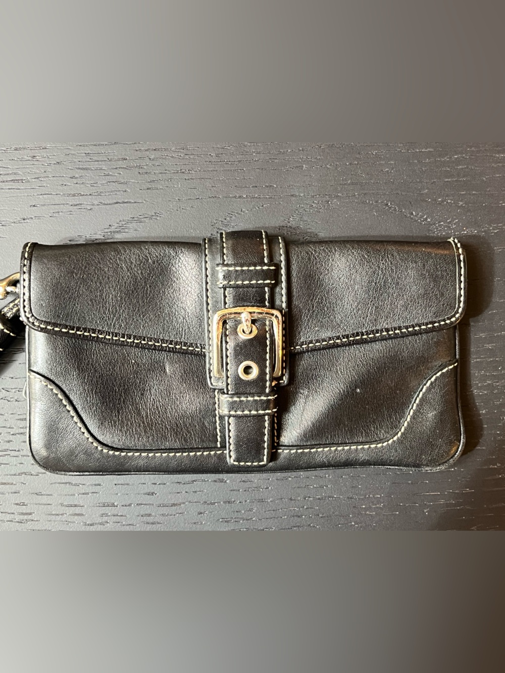 Coach Black Leather Wristlet Clutch with Gold Buckle